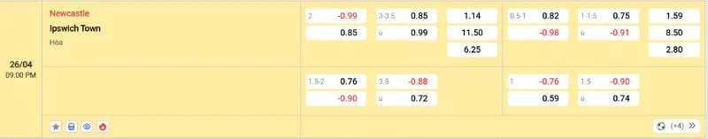 Cập nhật tỷ lệ kèo trước trận đấu Newcastle vs Ipswich